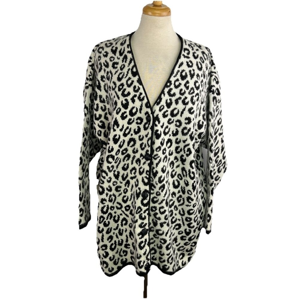 Maglia Donna Cardigan 2X Black White Animal Print Angora Wool Italy Sweater